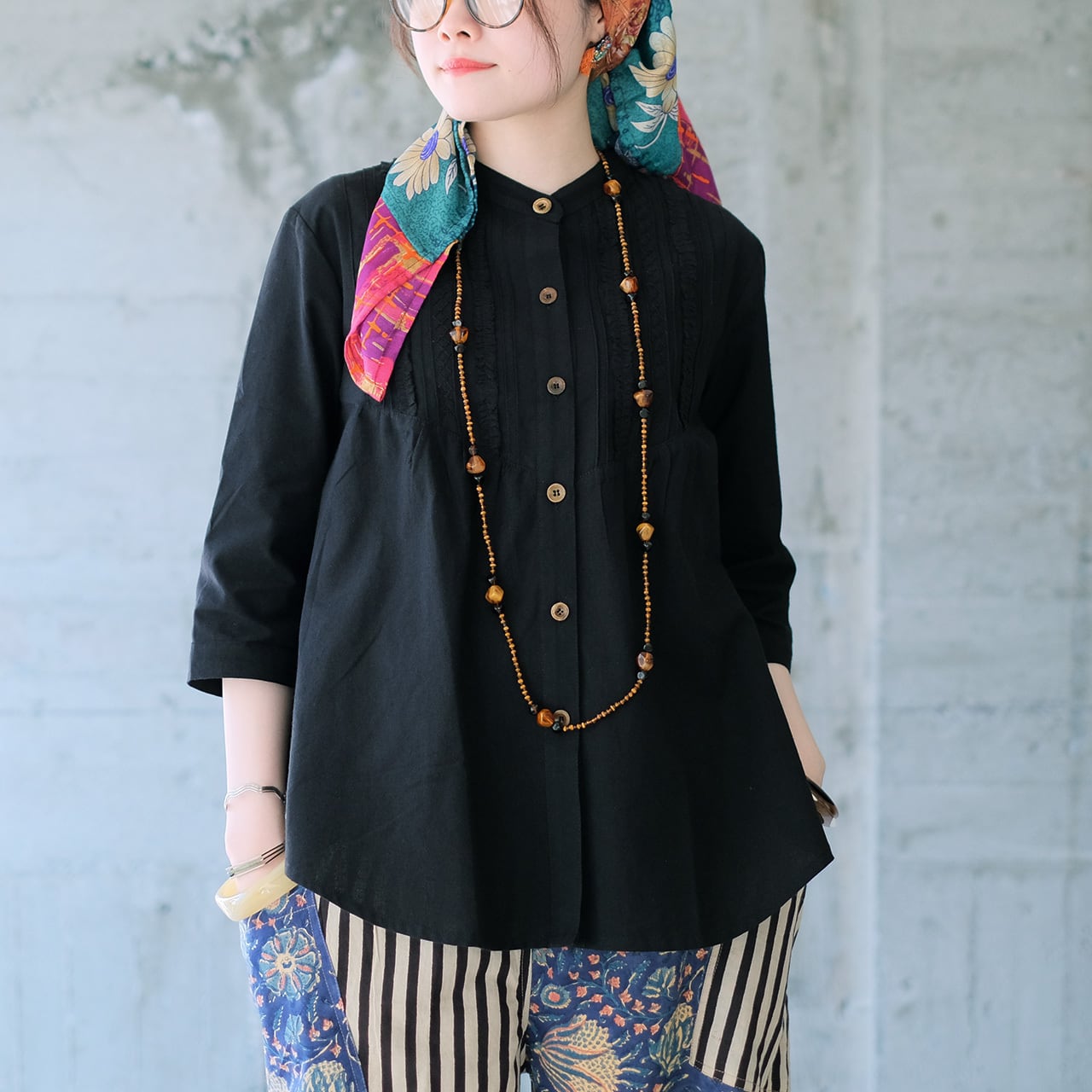 大人可愛い♡七分袖ピンタックフリルブラウス(26s-02)ブラック