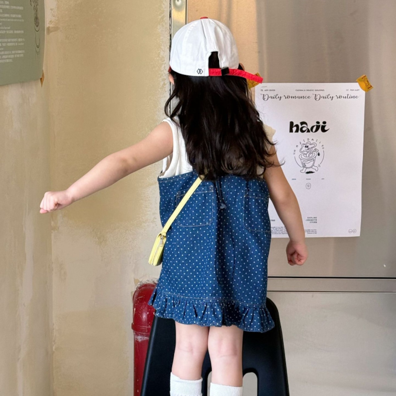 夏フリル裾水玉柄オーバーオールスカート