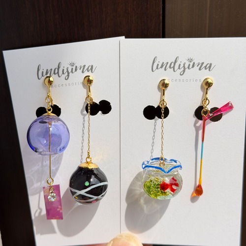 【片耳販売】日本の夏を感じる金魚鉢のミニチュアピアス イヤリング