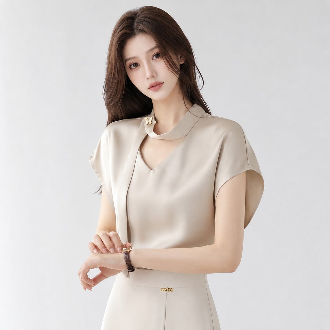 Neck Cutout Short Sleeve Blouse(2color) V3348
