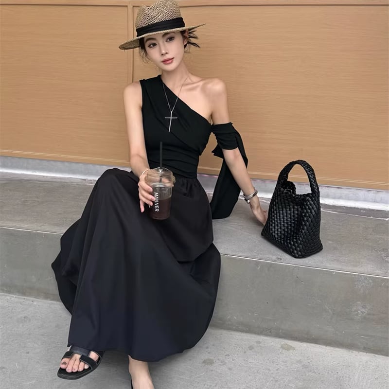 【dress】ワンショルダーAラインロングワンピース Q8265