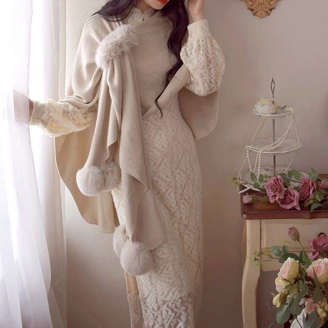 チャイナ レトロファーボール ニット ショール　BM0369