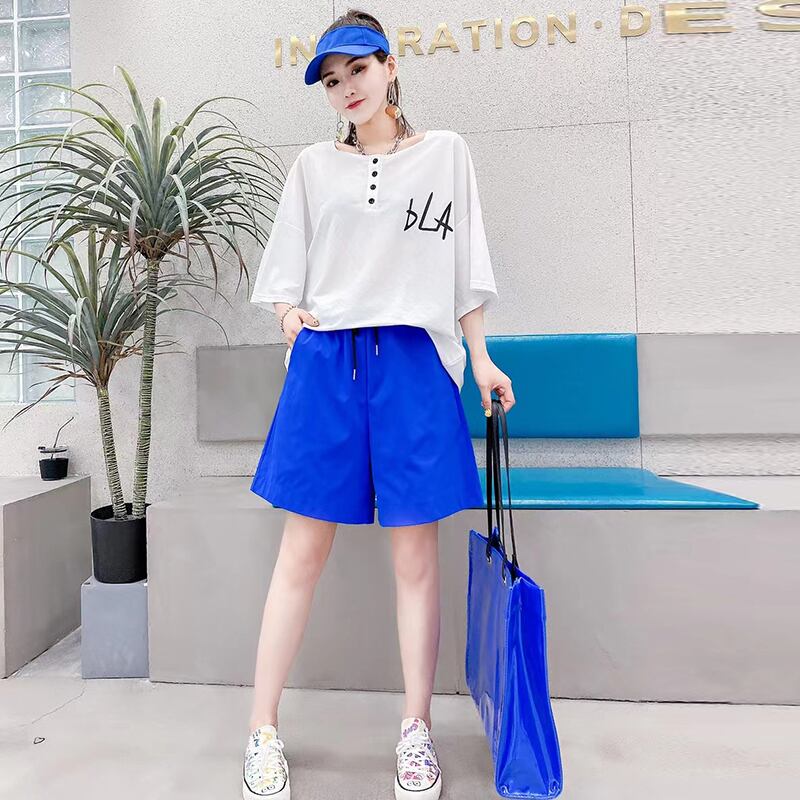 ラウンドネックルーズTシャツ ストレッチウェストギャザーカジュアルショーツ エラスティック 伸縮 大きめサイズ ブルマー Oネック ミックスインファッション9474267342