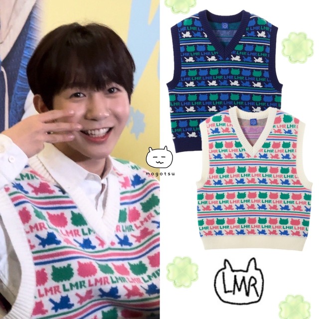 ★NCT WISH リョウ 着用！！【LMR】CAT ALL OVER PATTERN JACQUARD KNIT VEST - 2COLOR