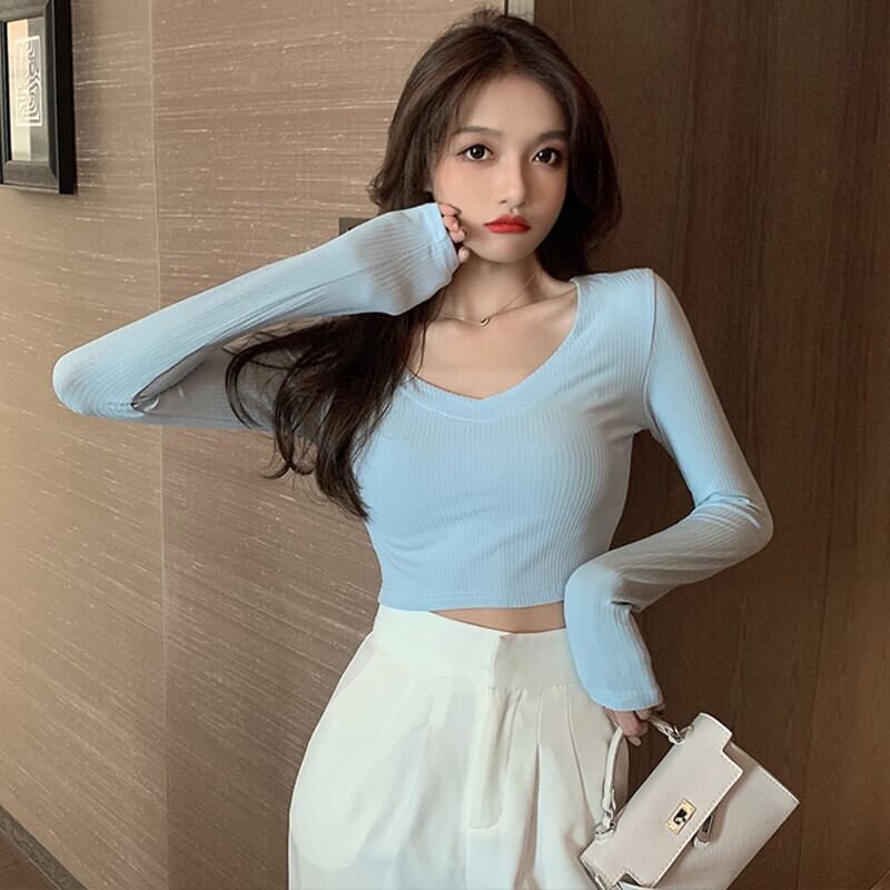 オータムスタイルVネックショートシャツ スリム ロング 秋物 Tシャツ ピュア ガールズファッション36947262850