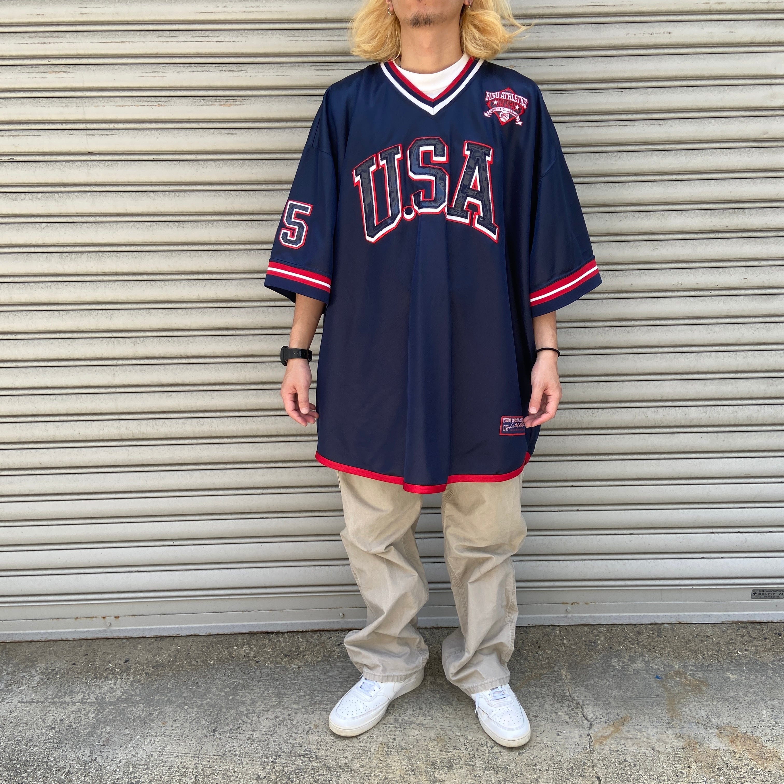 FUBU ベースボールゲームTシャツ ビッグサイズ 刺繍ワッペンロゴ☆紺