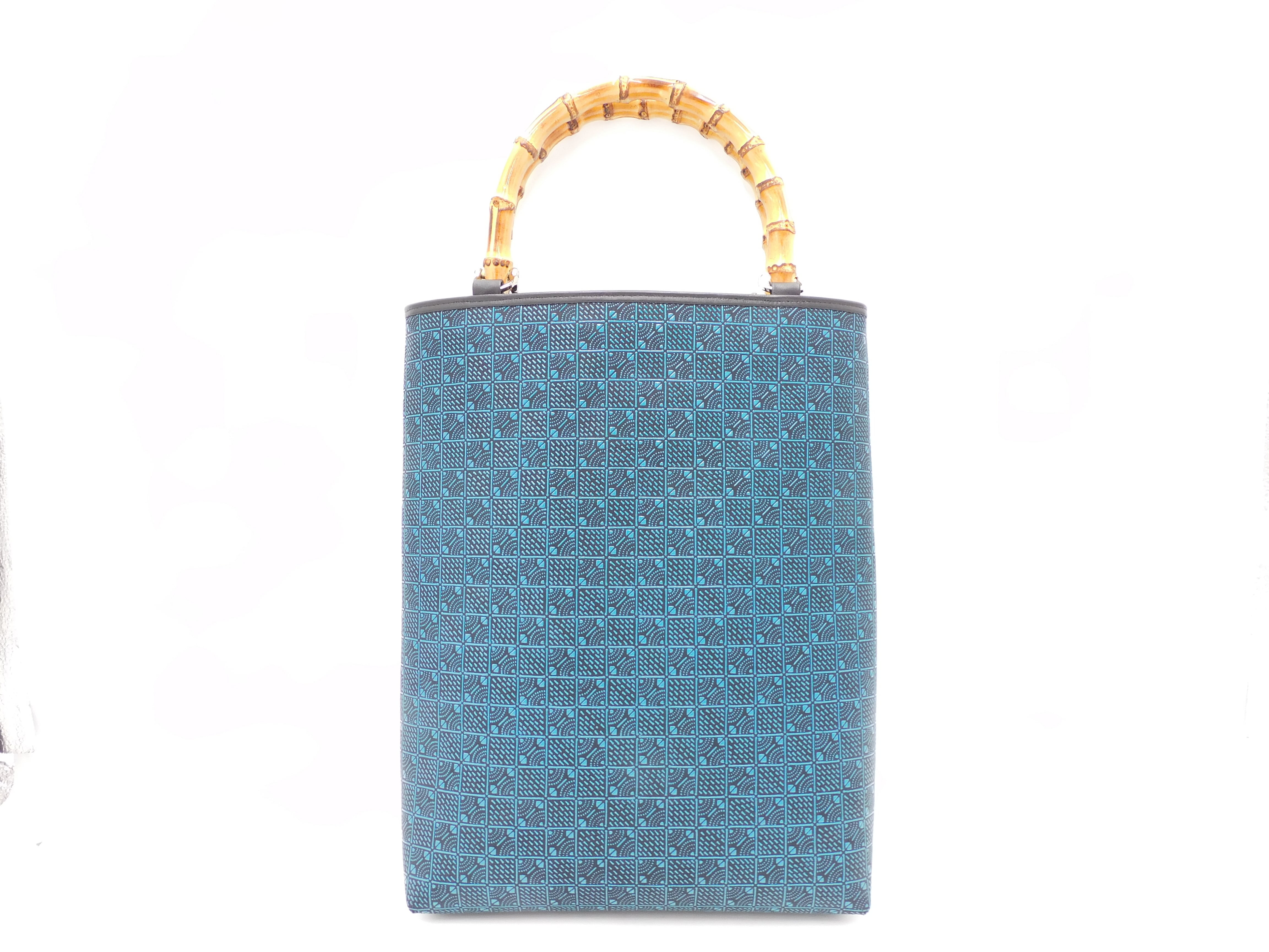 バンブー手提げ(特大)黒/青 青海合わせ市松柄