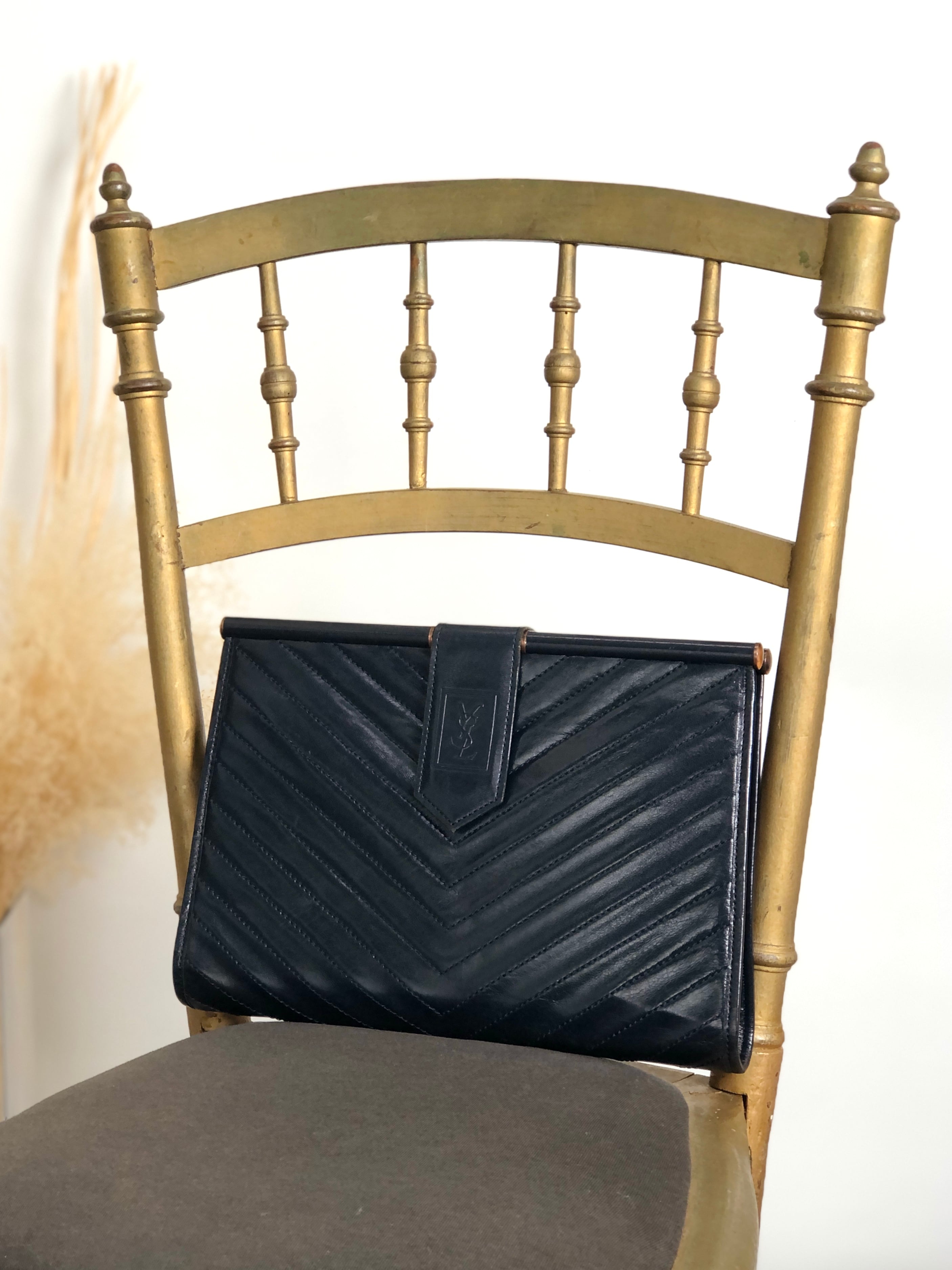 Yves Saint Laurent イヴ・サンローラン ハンドバッグ ネイビー YSL レザー クラッチバッグ vintage ヴィンテージ オールド j5mjwb