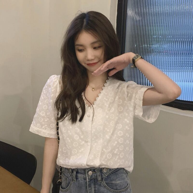 シャツ サマー薄手ホワイトフローラルトップス 夏物 花柄 1号婦人72437676742