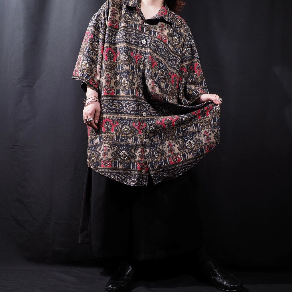 Bewitching Ethnic art full pattern SS Drape silk shirt