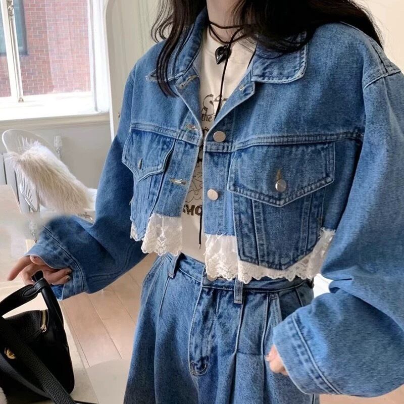 July レースリメイクデニムジャケット おしゃれ秋服 お揃い 2024 個性