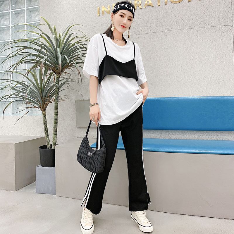 ラウンドネック半袖スリーブカジュアルサイドホワイト薄手パンツ レッド ハーフスリーブ シャツ Oネック Tシャツ ミックスインファッション95941615607