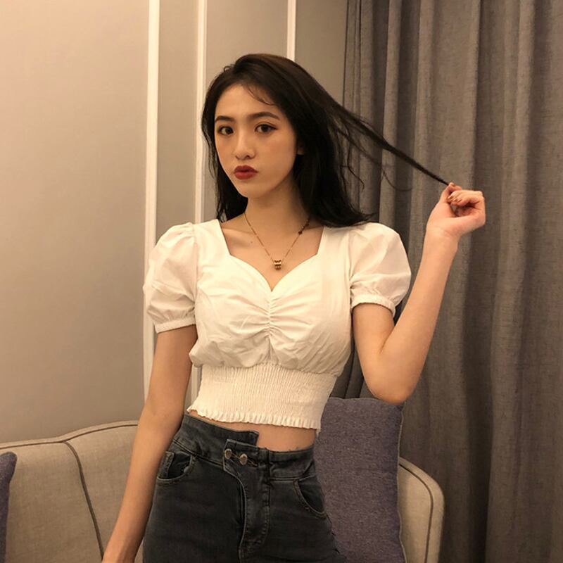 スタンダードカラースリーブショートシャツ レディーススプリングサマースタイル レトロ 春物 夏物 スクウェア 試着室66490082246