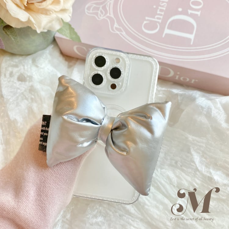 ガーリー♡ ボリュームリボンスマホグリップ《シルバー》 | Matey