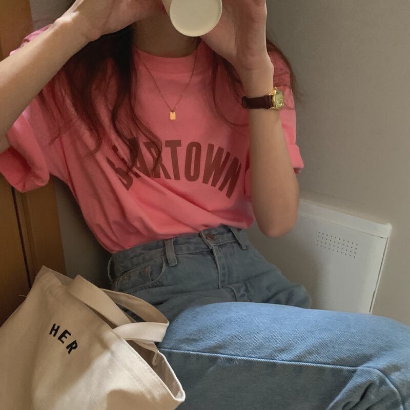 カラープリントルーズラウンドネックTシャツ トップス サマー 夏物 Oネック ビッグFスモールZ韓国7289527313