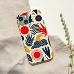 受注生産 iPhoneケース 赤い太陽と青い波の民芸柄｜太陽モチーフ FMSY108C