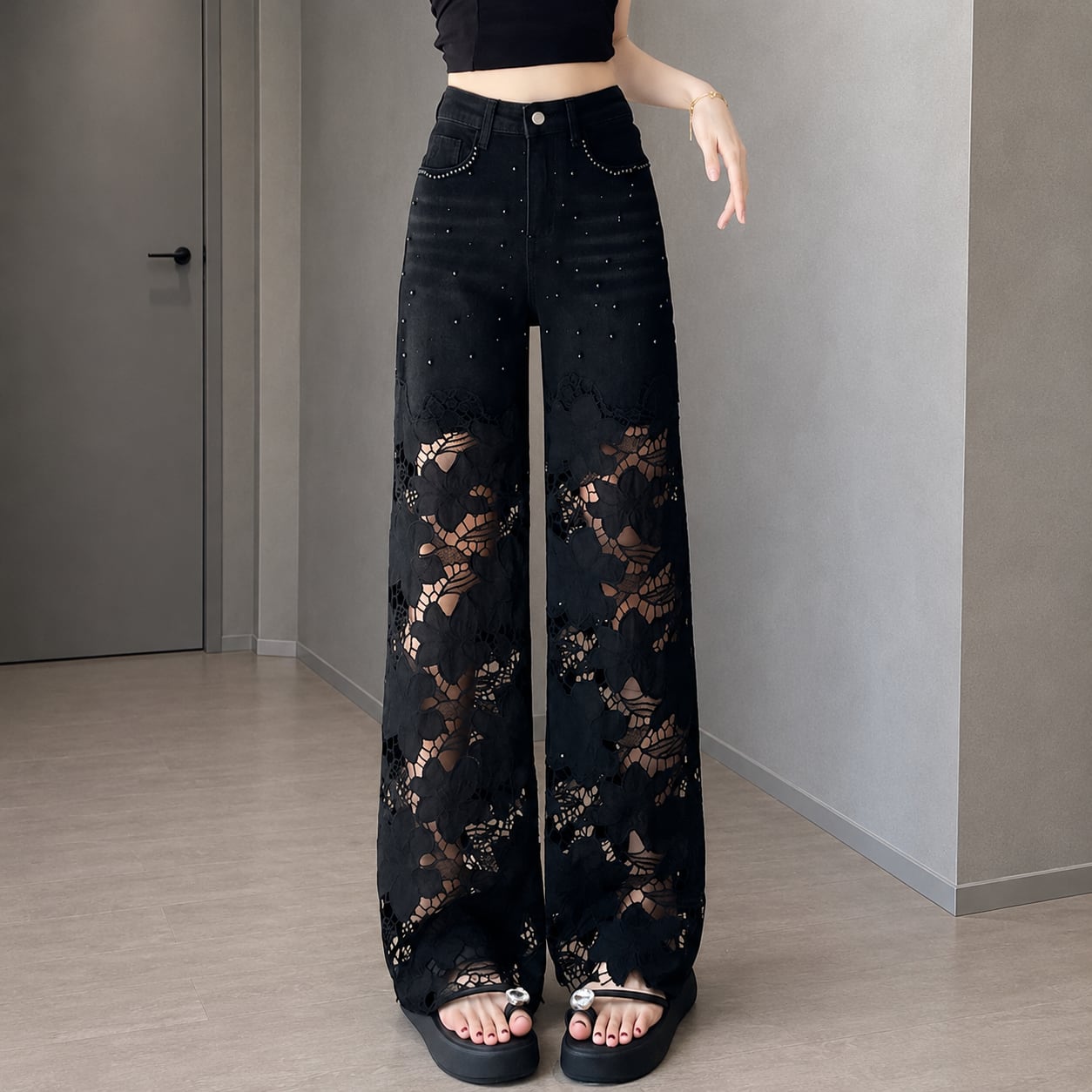 shiny sheer wide pants / l0595