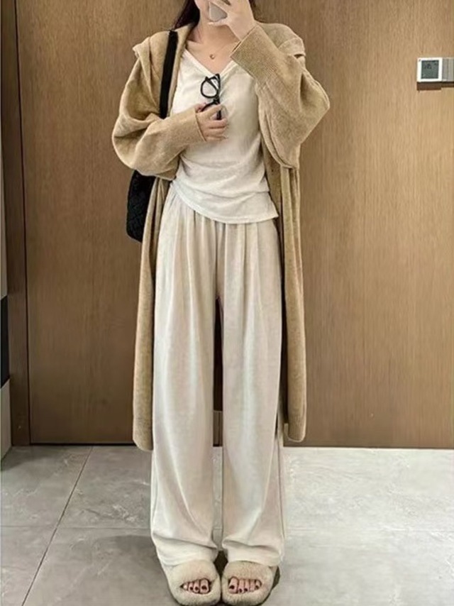 リブニット ドレープ ワイドパンツ レディース パンツ ボトムス ジャージ 部屋着 ストレートパンツ ロングパンツ ニットパンツ ロング ワイド ストレート ポケット ハイウエスト リブ ウエストゴム 伸縮性 ニット かわいい 大人可愛い シンプル カジュアル おしゃれ こなれ感 ラフ ルーズ 無地 春 秋 冬 ママ 学生 学校 通学 デート お出かけ お泊まり 旅行 公園 休日 楽ちん 体型カバー 脚長 着回し レイヤード M L XL ゆったり 黒 ブラック ダークグレー アプリコット オートミール