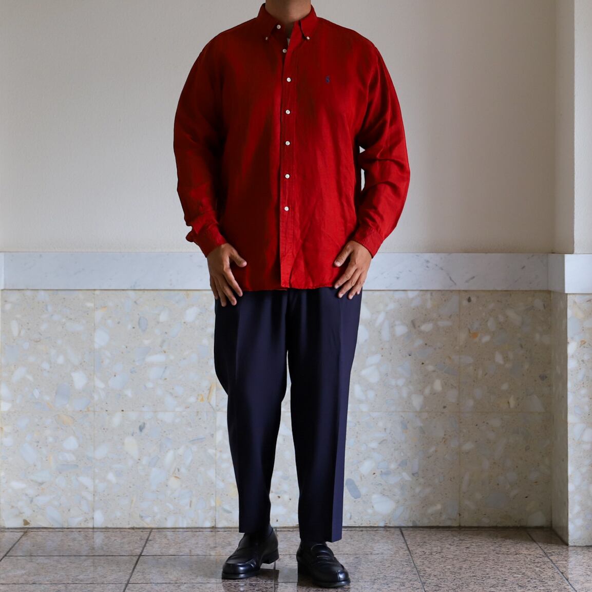 極美品】80s Ralph Lauren special silk linen shirt red big size