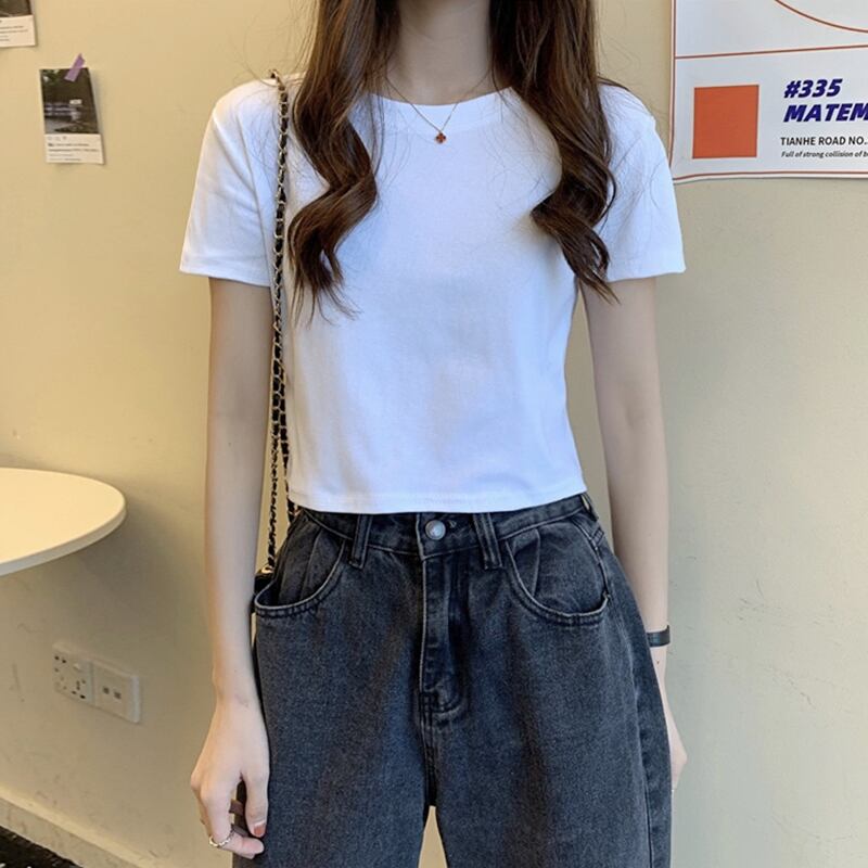 ホワイトショートTシャツ サマーレッドスリムトップス コットン 夏物 試着室52025680940