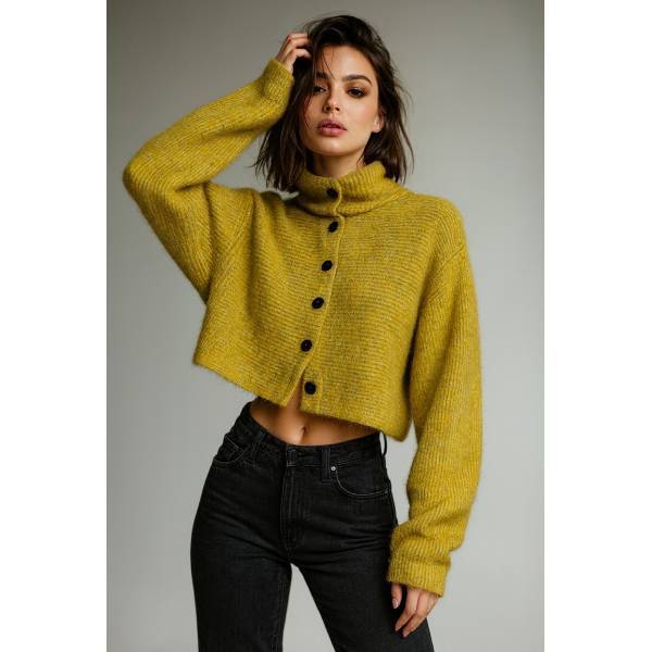 イエローニットカーディガン イエロー ニットカーディガン ボレロ ミドルゲージ ハイネック