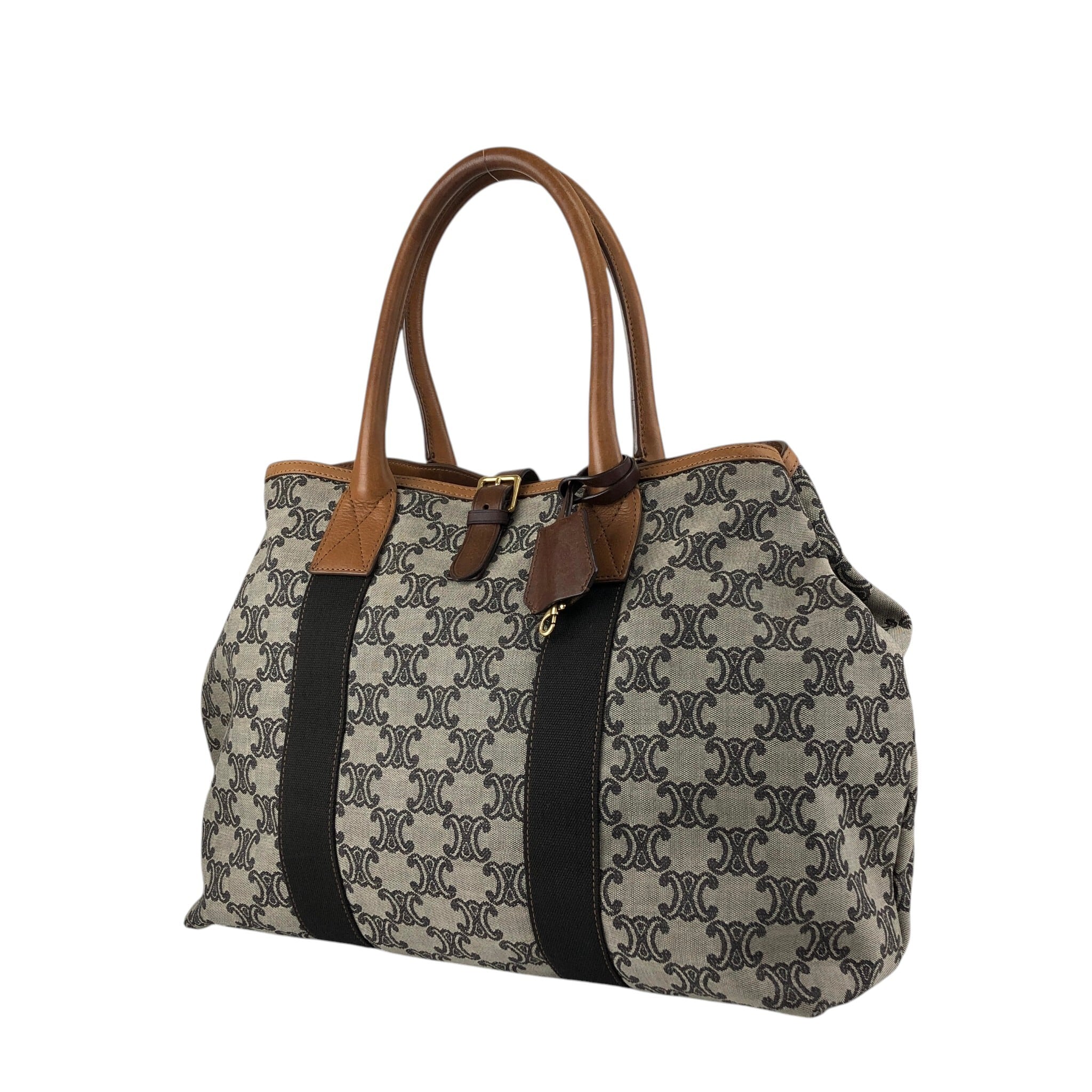 CELINE マカダム トートバッグ キャンバス レザー ベージュ＆ホワイト