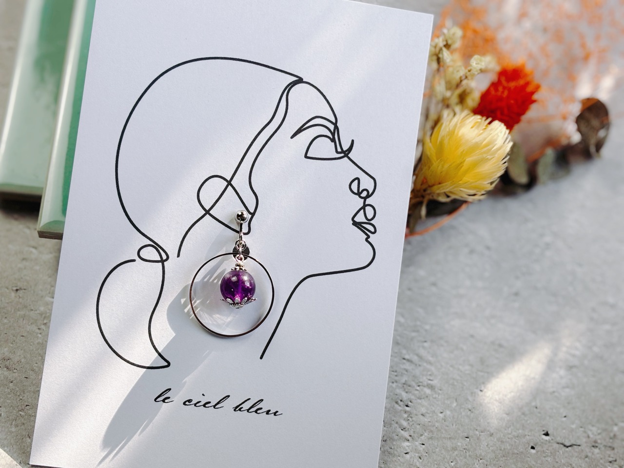 天然石とリングの揺れイヤリング アメジスト ゴールド/シルバー