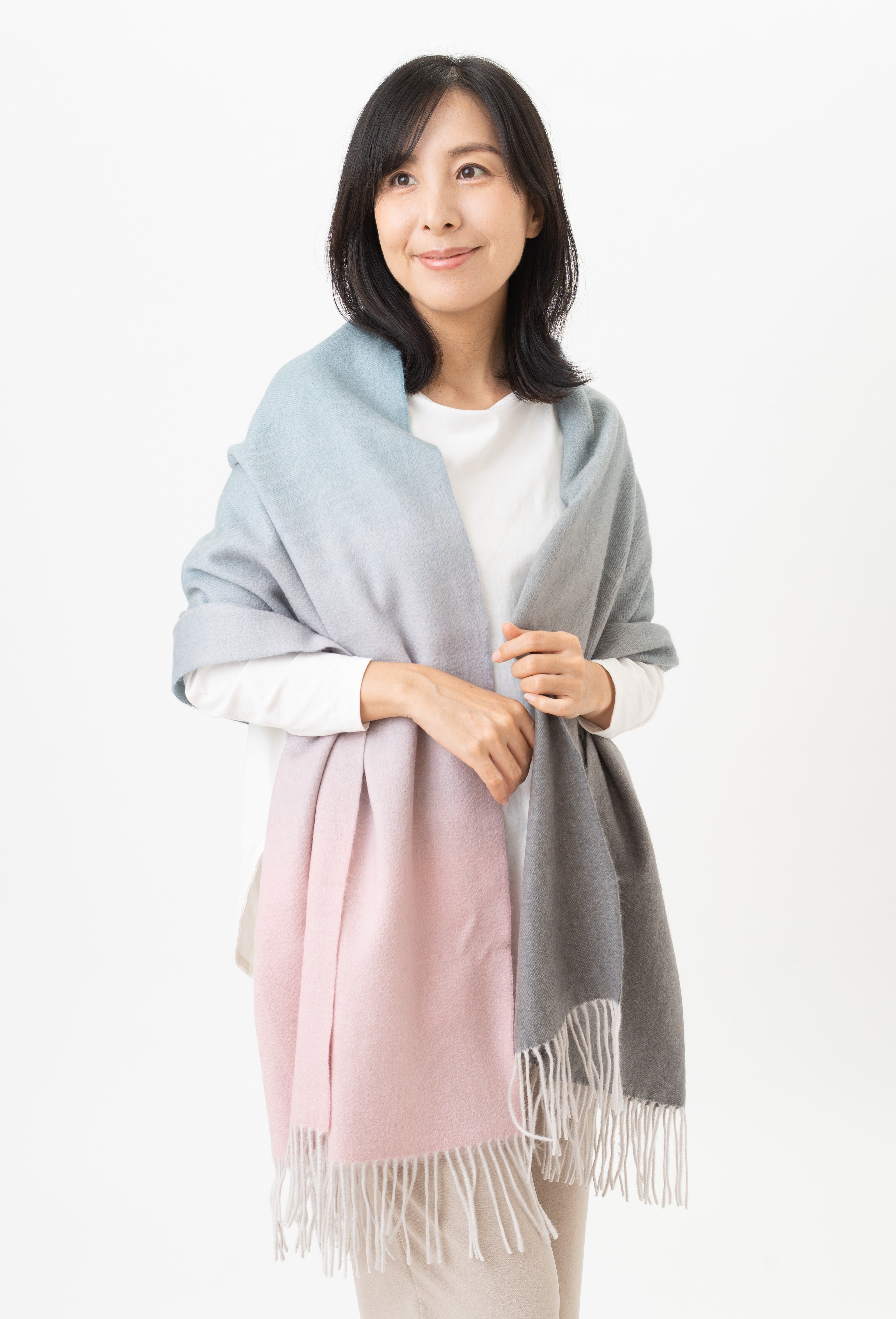 カシミヤ100%大判3色かすり染めストール Konoe - コノエ/セージローズ 幅60cm×縦180cm(本体部分)+10cm×2(房部分)