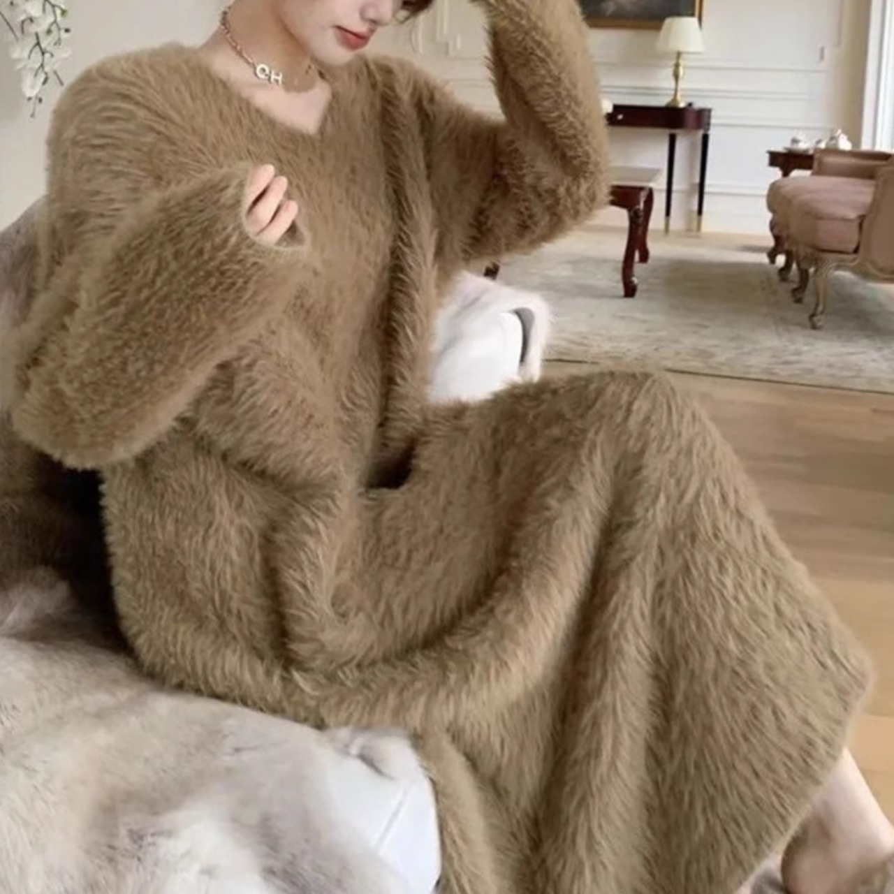 Mink fleece long sweater dress (ME103)