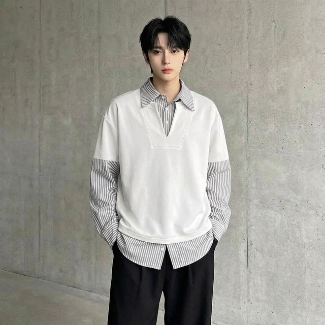 フェイクレイヤード ストライプドッキングシャツ 2カラー D12263