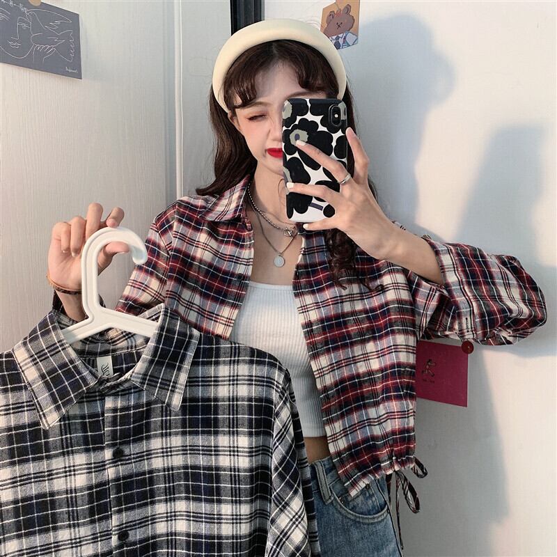 薄手格子柄シャツ スプリングスタンダードルーズショートトップス 長袖スリーブジャケット ロング レトロ 春物 YY-ファッション78801196287