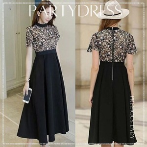 【国内即納・即日配送】パーティードレス ワンピース ドレス ワンピ レトロ風 レーストップ 花柄 ブラック ロング 半袖 結婚式 2次会 卒業式 入学式 ブライダル 謝恩会 二次会 ウェディング 結婚式 女子会 10代 20代 30代 パーティー おしゃれ かわいい D225