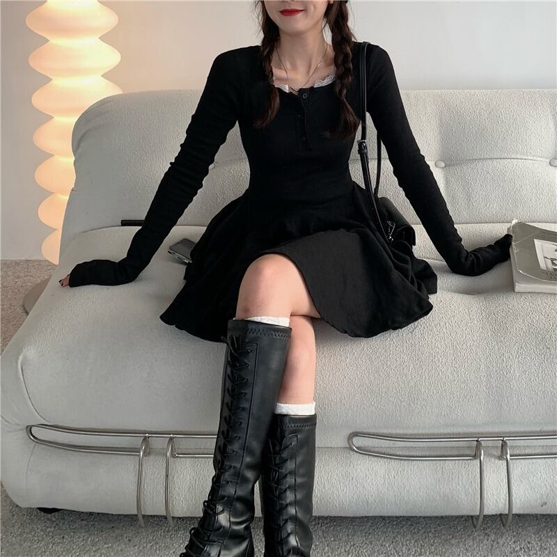 カラーレースドレス オータムスタイルハイウェストウェストスリムプリーツショートスカート 秋物 ステッチ 萌量不足9686708671