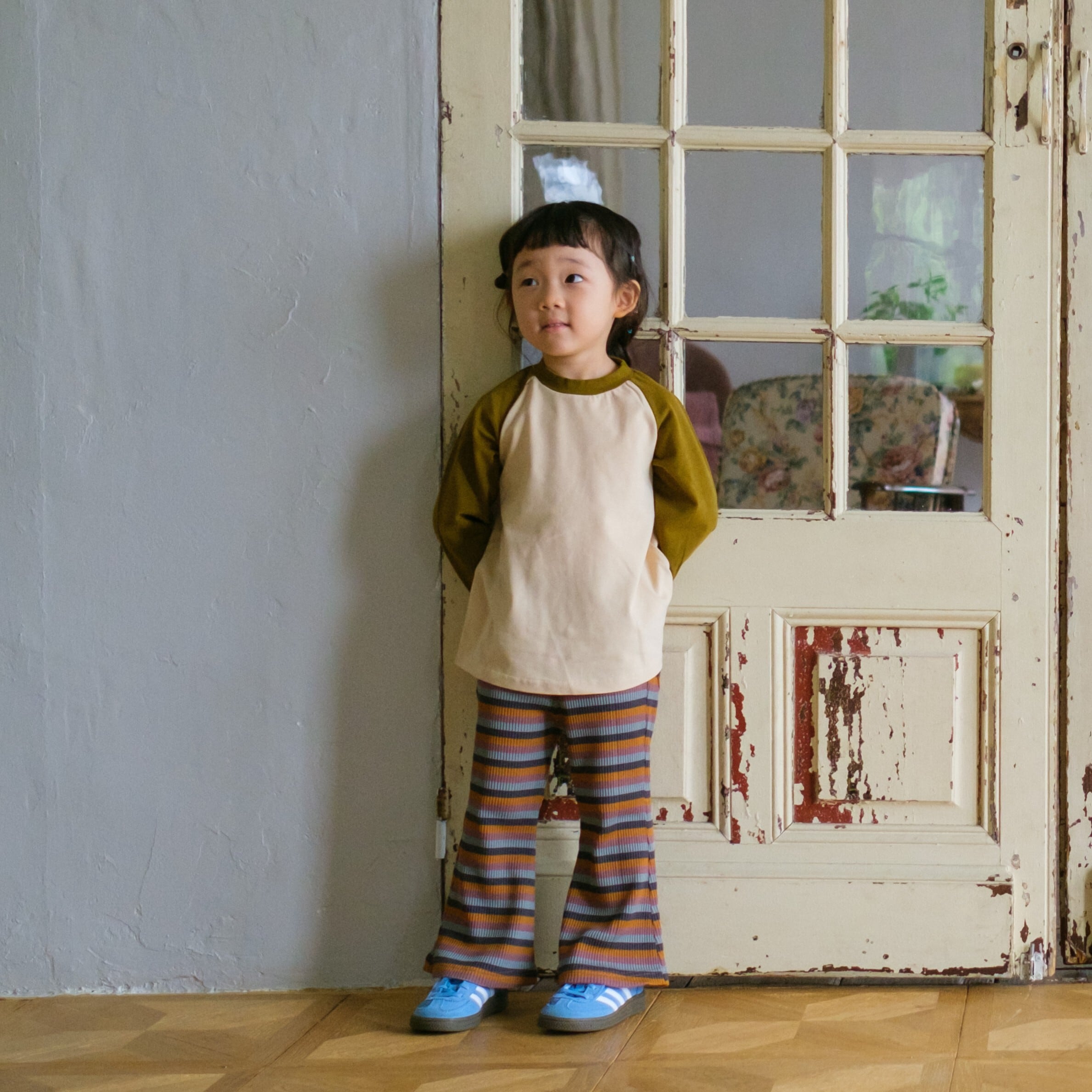 【25AW】&PAL(アンドパル)ボーダーリブパンツ ブルー(80/90/100/110/120)パンツ リブ フレア