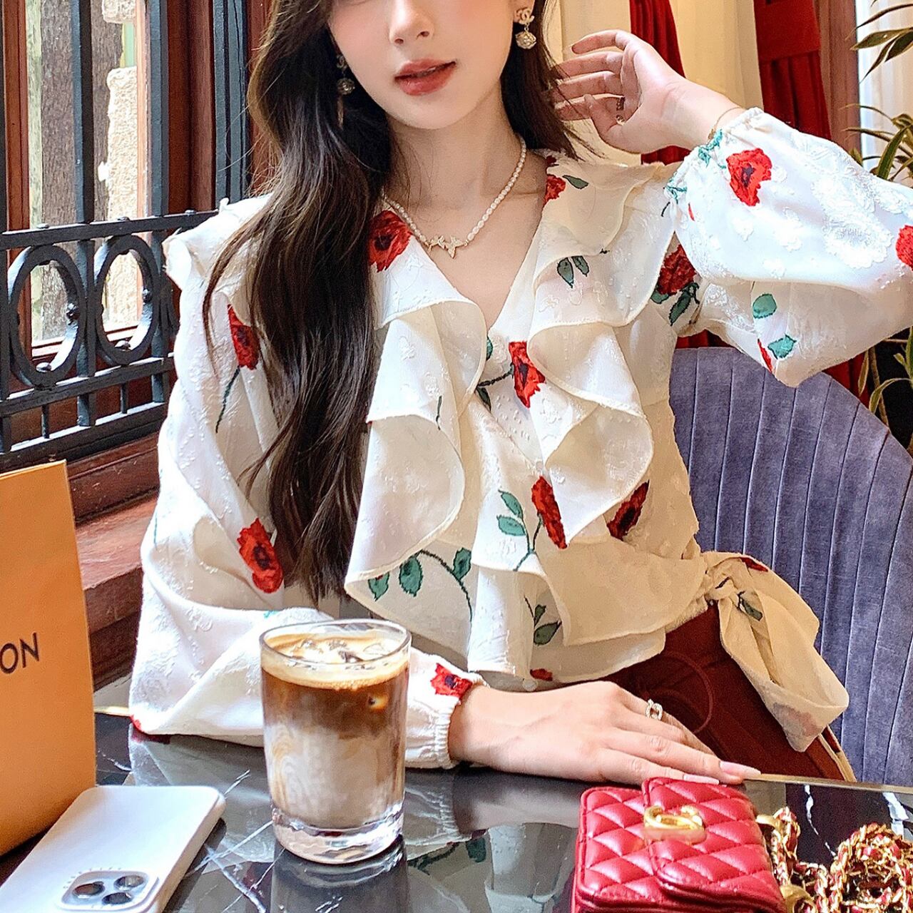 ローズ シフォン フリル ブラウス