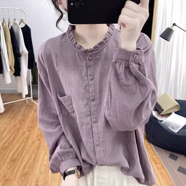 フリル襟 コットンライクシャツブラウス Ln00374