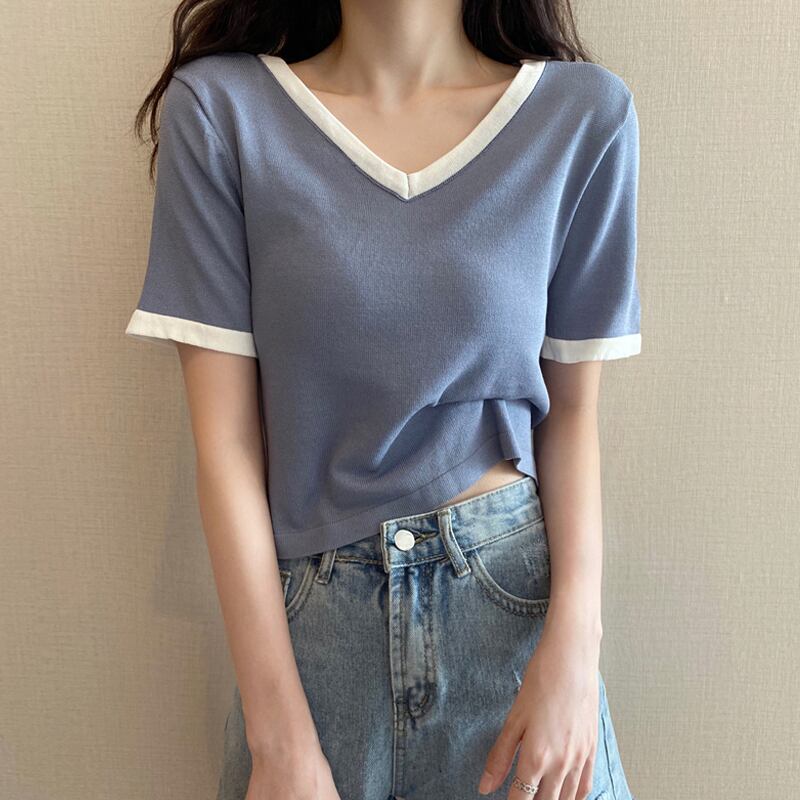 Vネックスリムショートトップス Tシャツ サマー 夏物 試着室24094671439