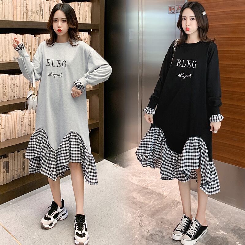 【新作】【送料無料】 新しいファッションチェック柄と偽のツーピースルーズミドル丈とラージサイズのマタニティドレスのマタニティウェア2019秋バージョン-アリババ 大きめサイズ オータム 秋物 expec252591013168