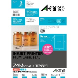 【数量限り】エーワン ラベルシール インクジェット 超耐水 光沢フィルム 透明 A4 ノーカット 3シート 30601E