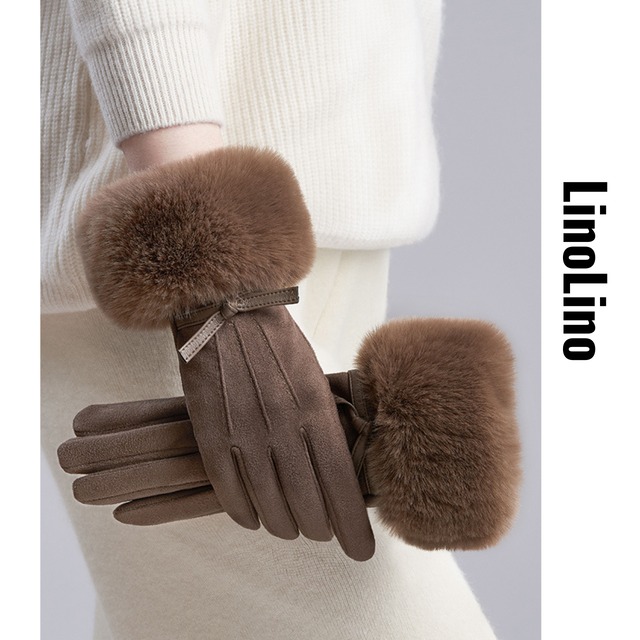 Ribbon Design Fur Cuffs Gloves L00743