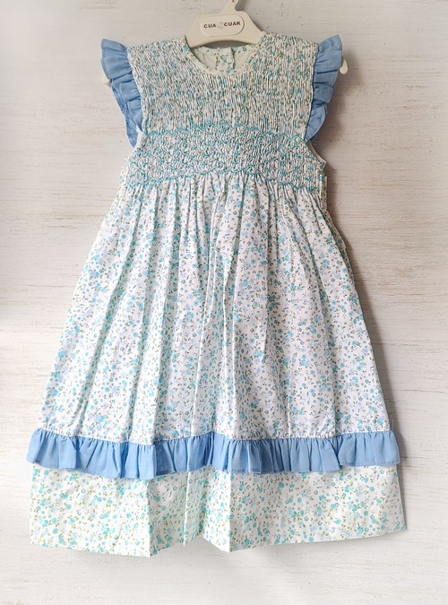 【Cua-cuak 】⭐4y-12y⭐wendy ブルーフリル ハンドメイドスモッキングドレス