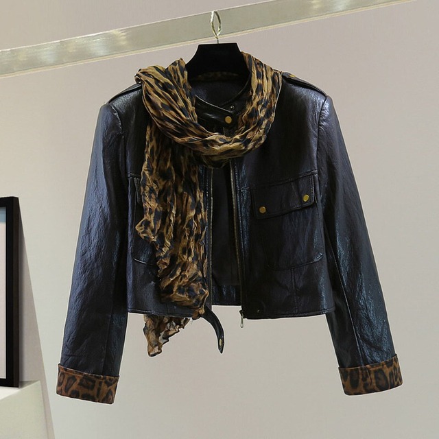 Leopard accent leather jacket　M1396
