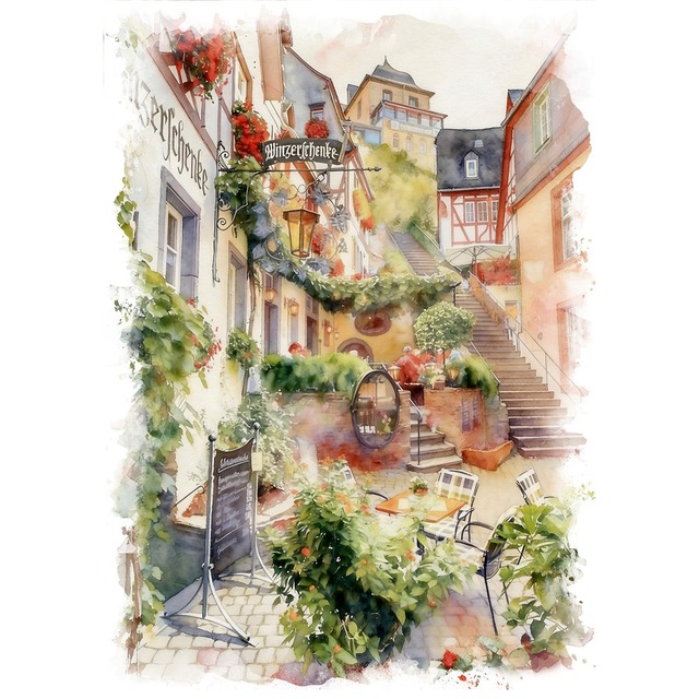 絵画 ドイツ 風景画(街並み)  バイルシュタイン インテリアアート額付き 水彩画・油絵調 WAT0463