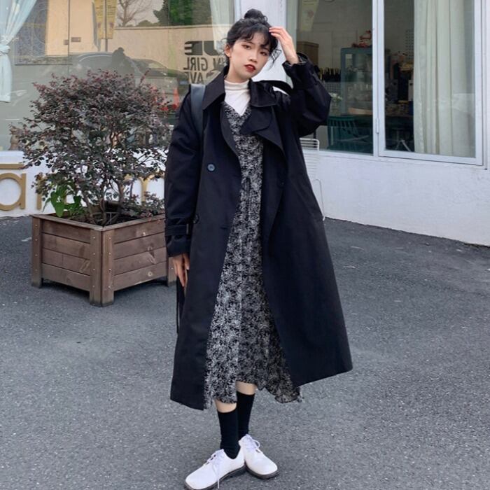 スプリングジャケット レディーススタンダードルーズ薄手ブラックトップス ロング レトロ 春物 1号婦人34280939791