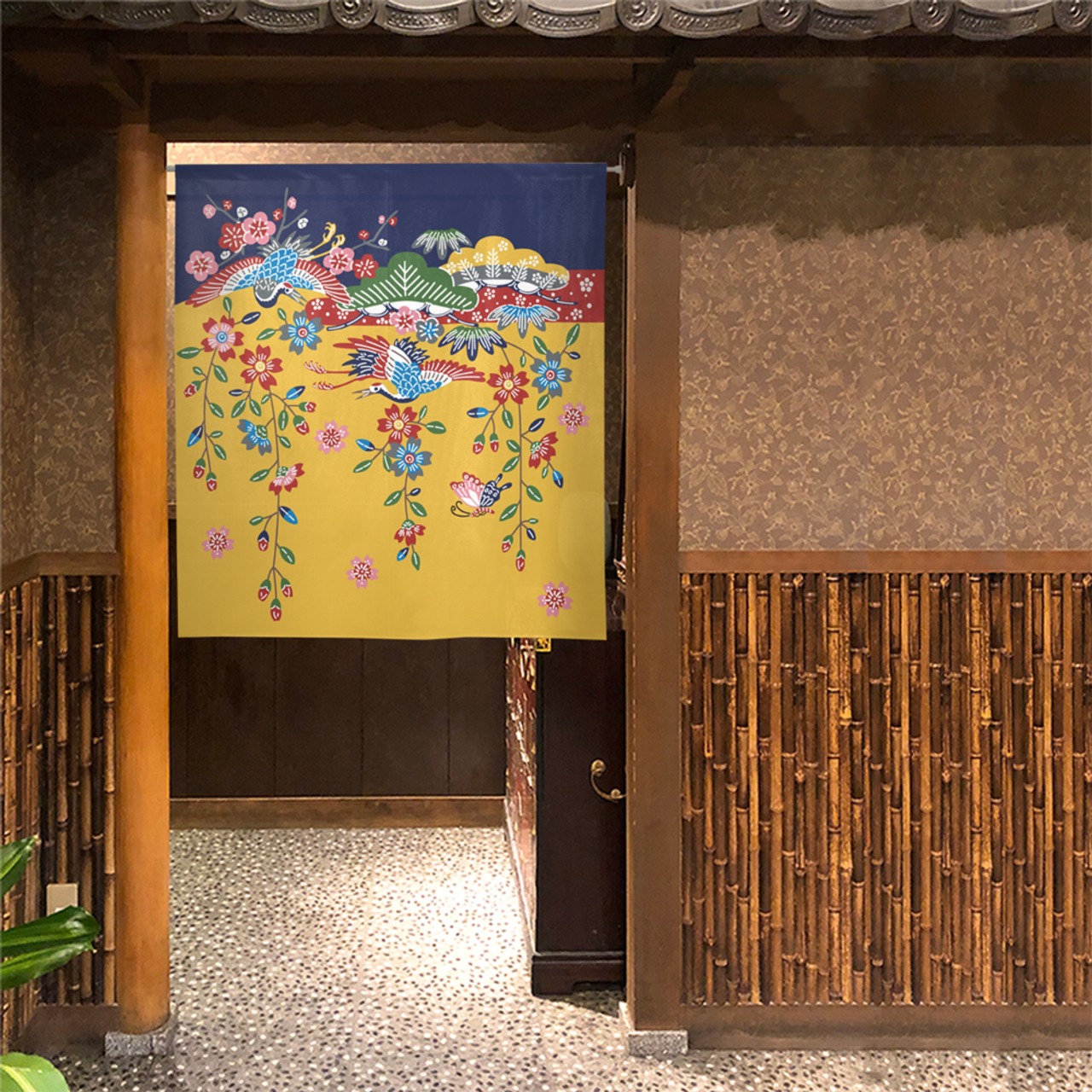 【受注生産】 のれん  びんがた風 松竹梅と鶴 85×90cm