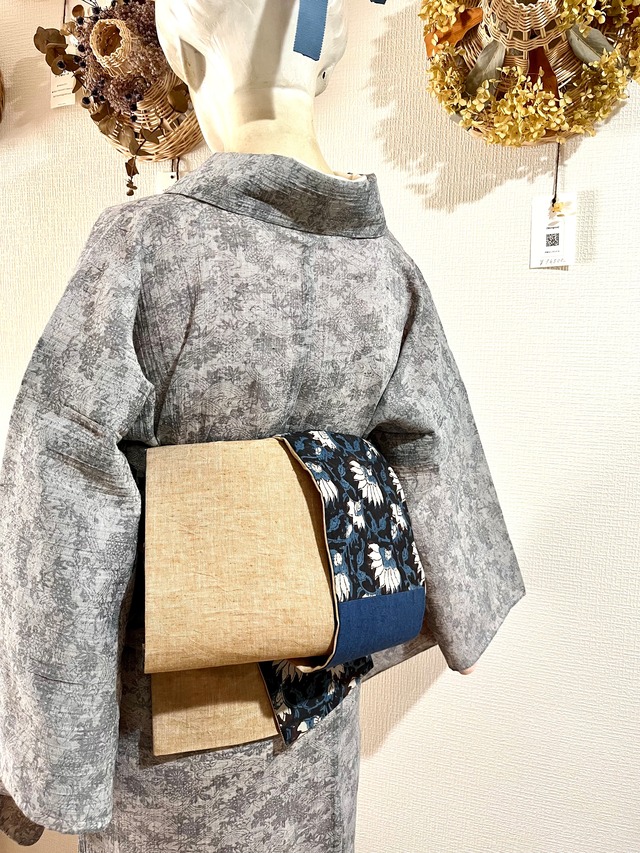 綿紅梅＊半幅帯『ひでや工房』花鳥文□リバーシブル◇濃鼠紺