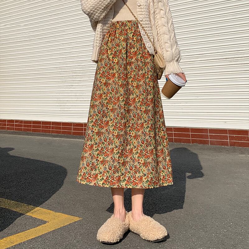クレセントシティ2020年秋フローラルハーフレングススカートレディースルーズ、ワイルド、ウエスト、シン、ミドルレングスAラインスカートトレンド クレセントシティ57852168062