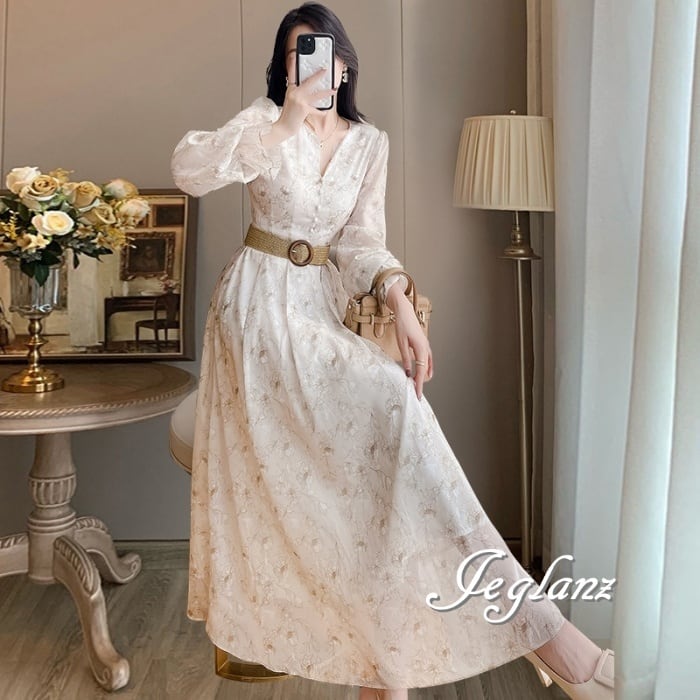 美ライン シフォン ワンピース ドレス キーネック ロング丈(M6040)γα