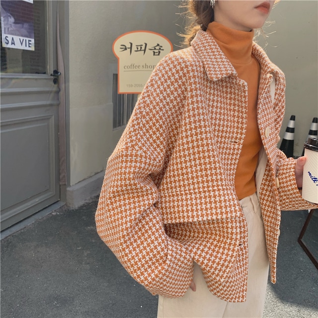 千鳥柄 アウター チェック 柄  オレンジ 個性的 かわいい カジュアル 韓国ファッション コーデュロイ  580