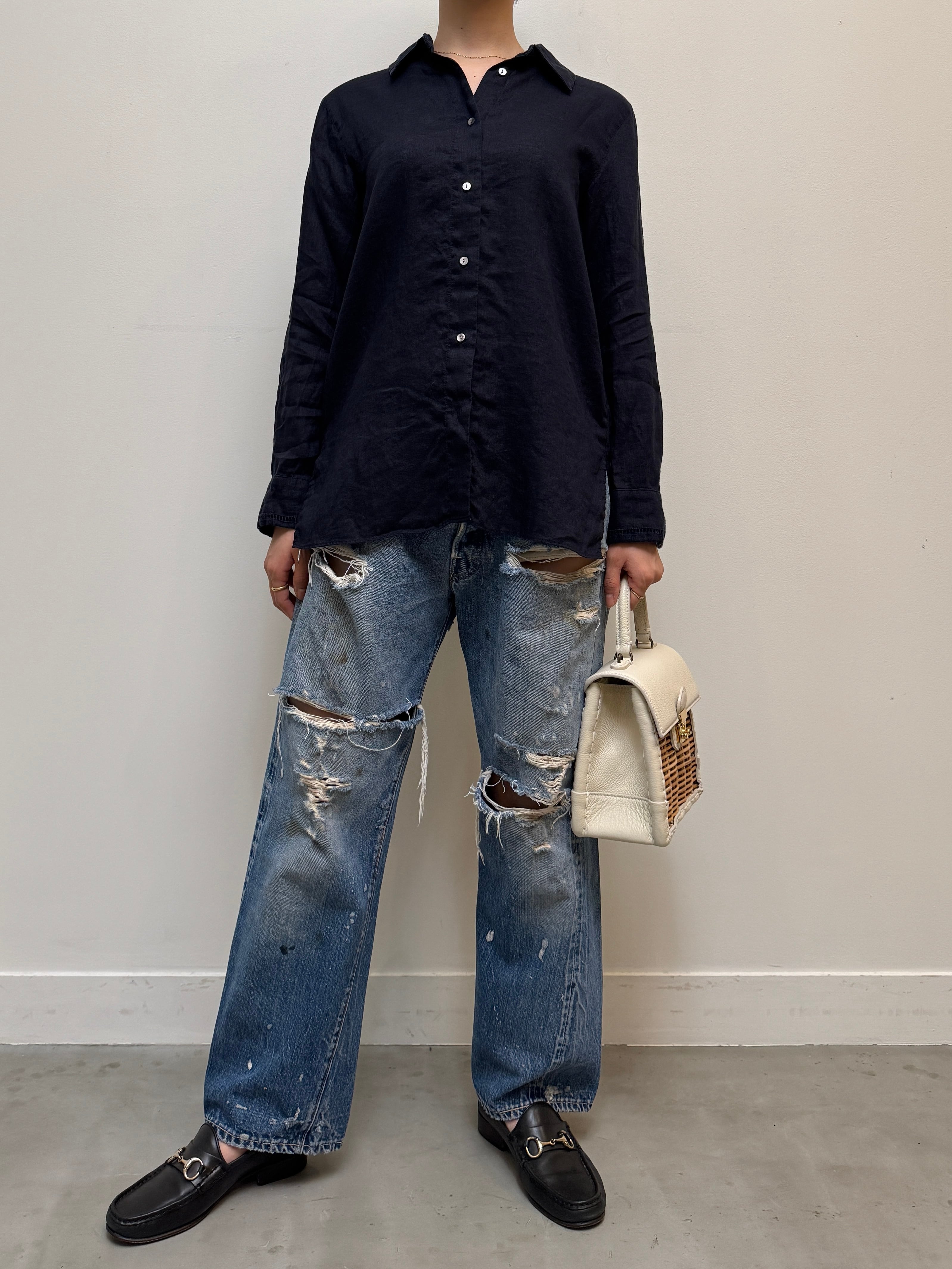 BL13-10 USED LINEN SHIRT -NAVY-